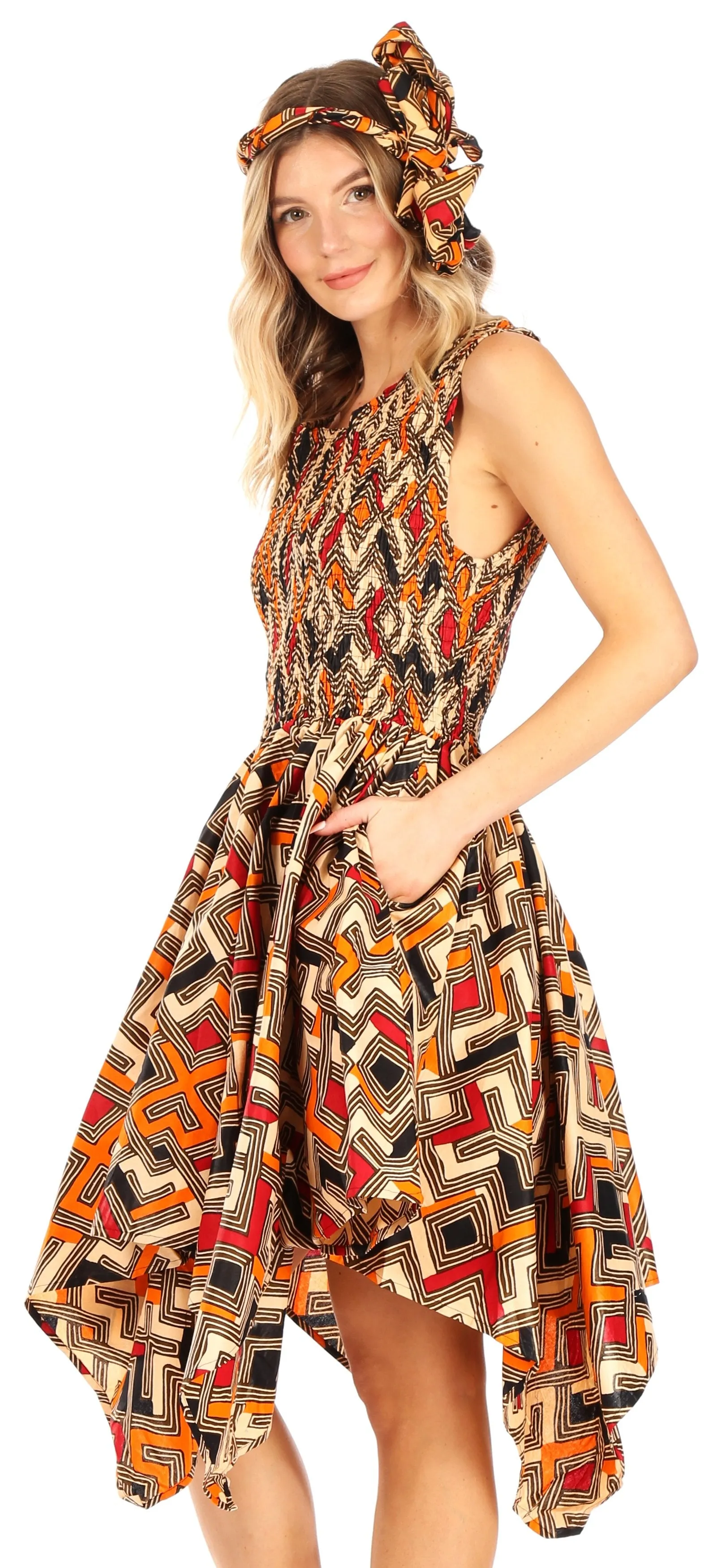 Sakkas Lima Women's Casual African Ankara Sleeveless Cocktail Short Dress Pockets