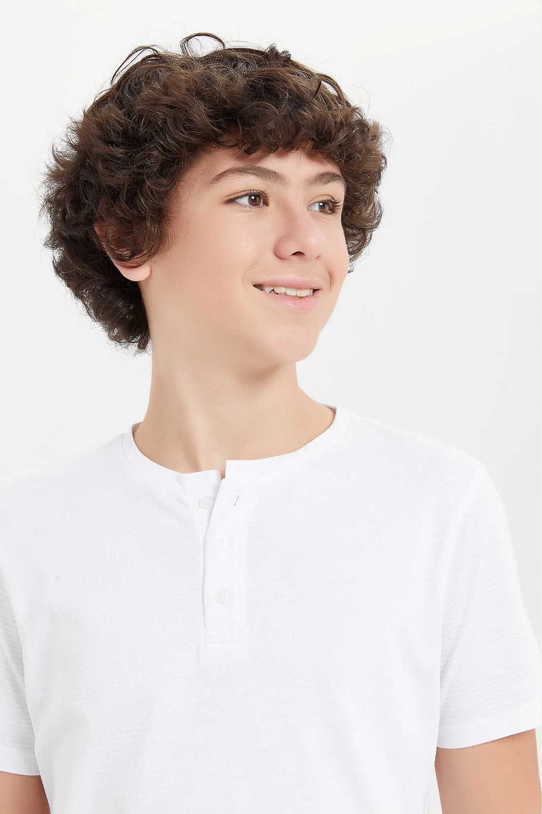 Senior Boys White Jacquard Henley T-Shirt