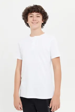 Senior Boys White Jacquard Henley T-Shirt