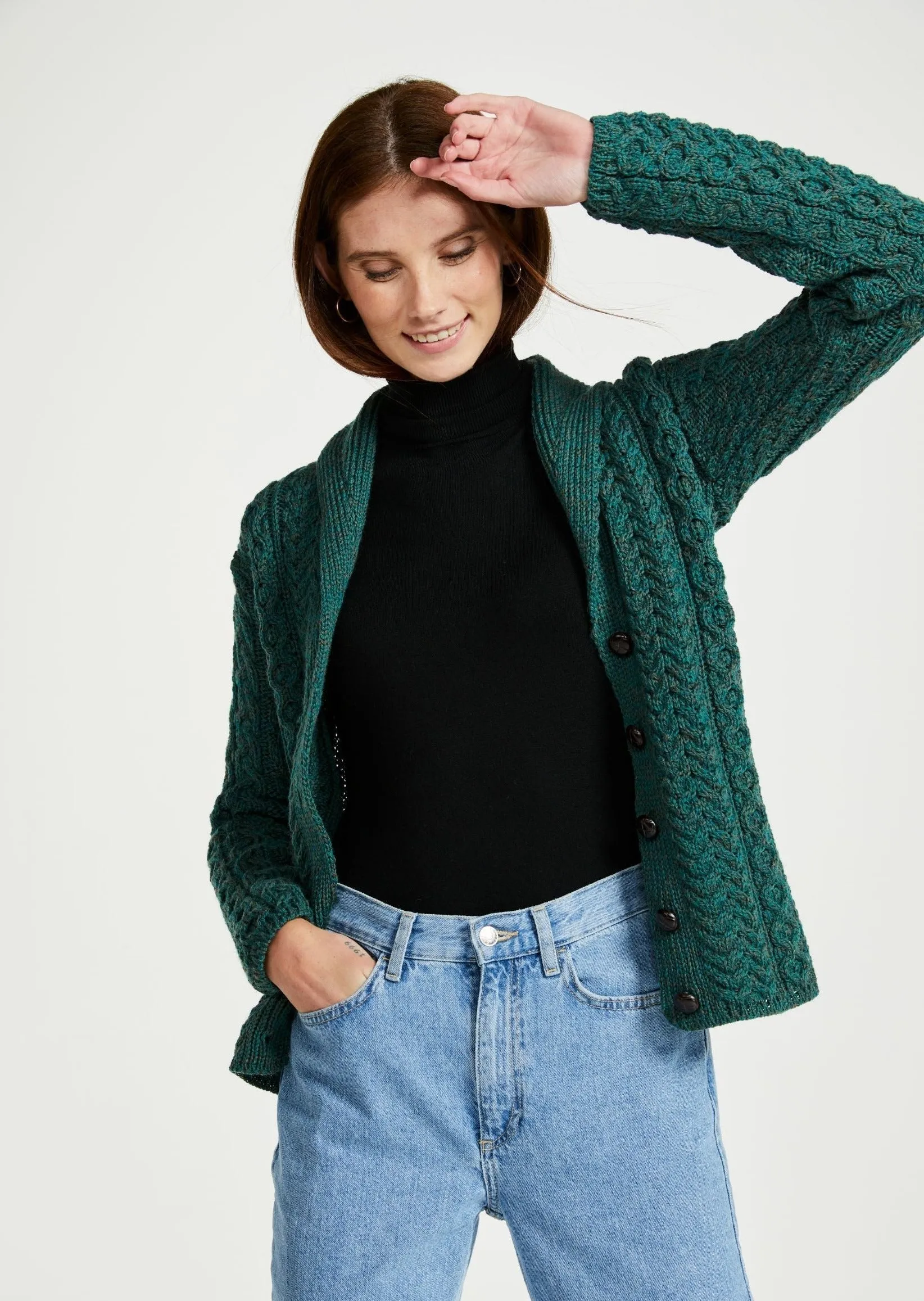 Shawl Collar Aran Cardigan | Connemara Green