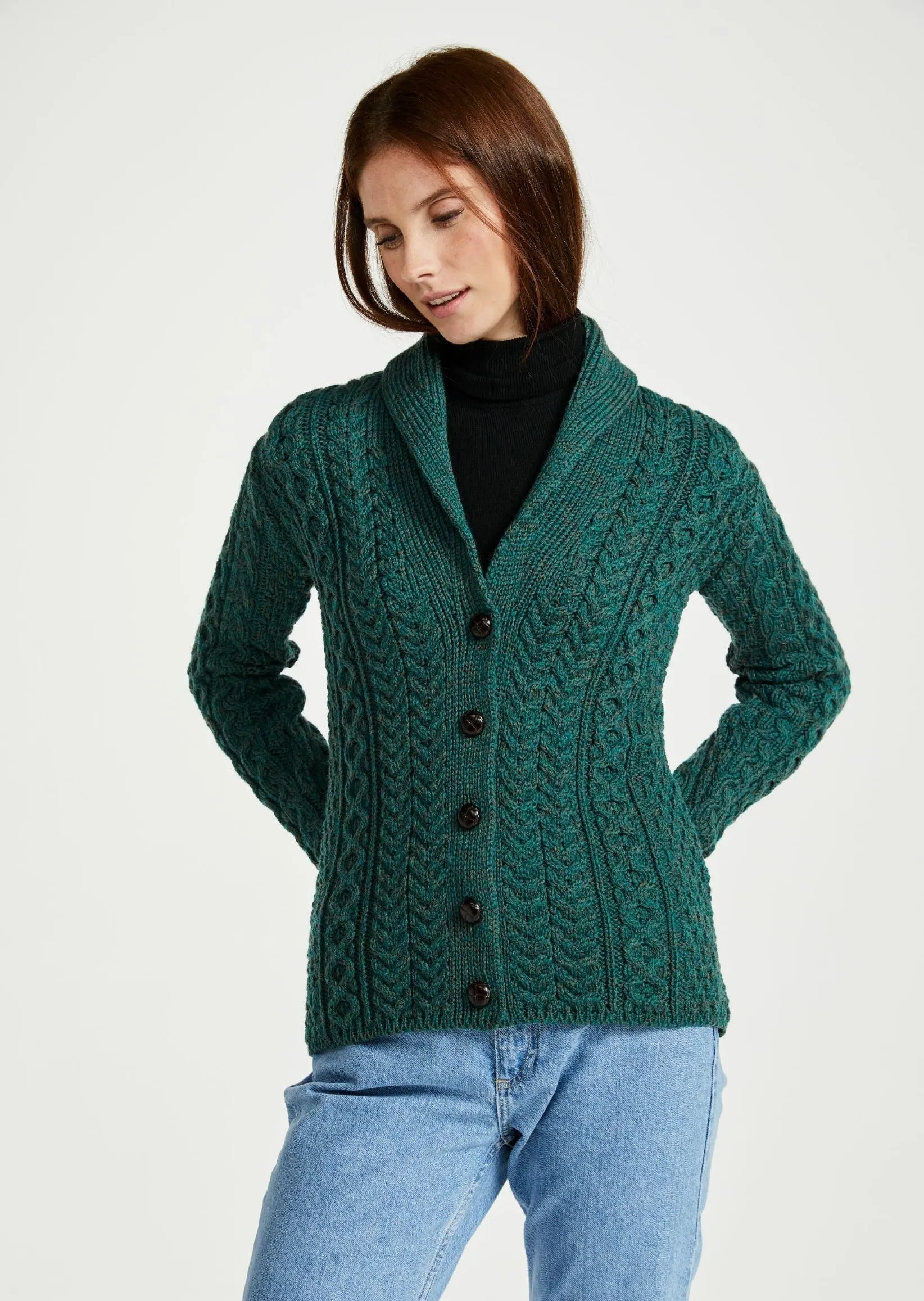 Shawl Collar Aran Cardigan | Connemara Green