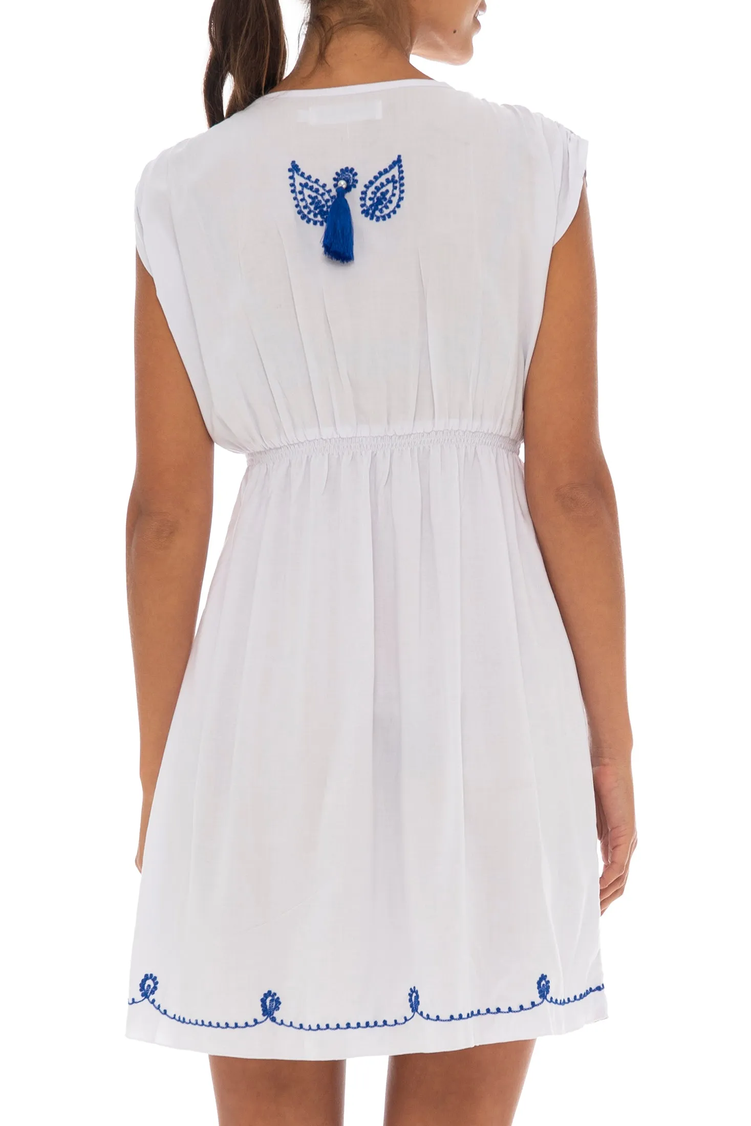 Short Embroidered Sleeveless Sundress with Deep V Neck