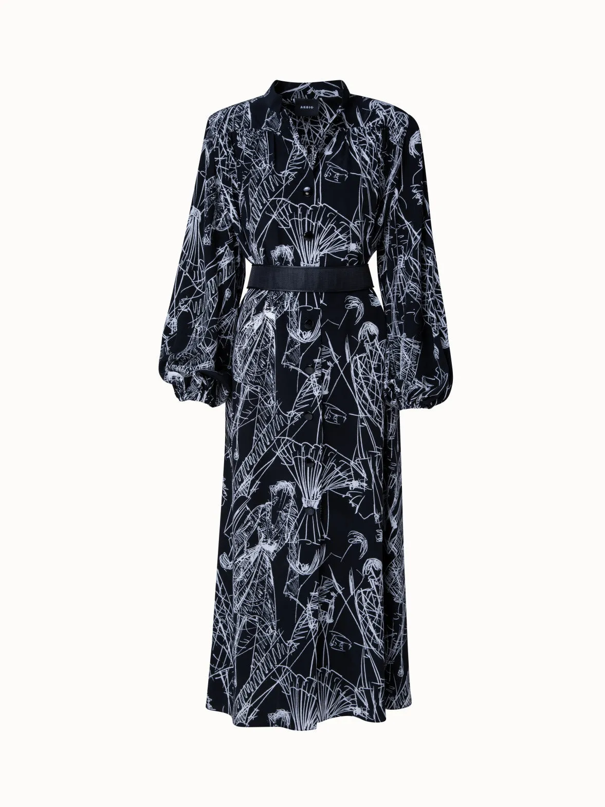 Silk Kaftan Dress with Croquis Print