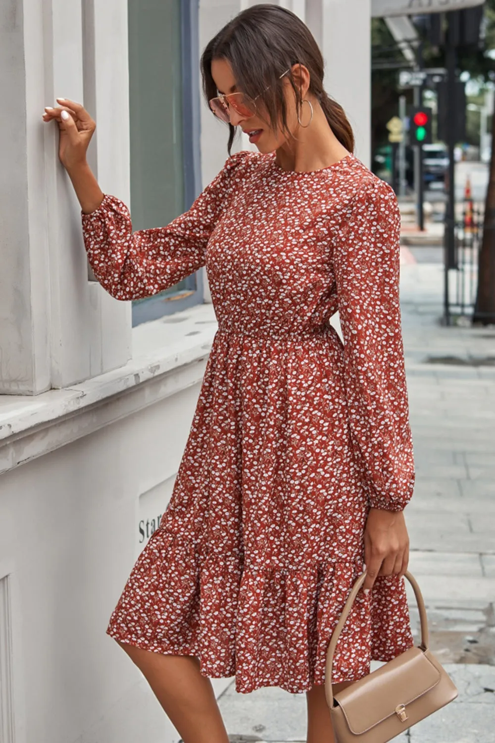 Slim Fit Ruffled Floral Print Midi Skirt