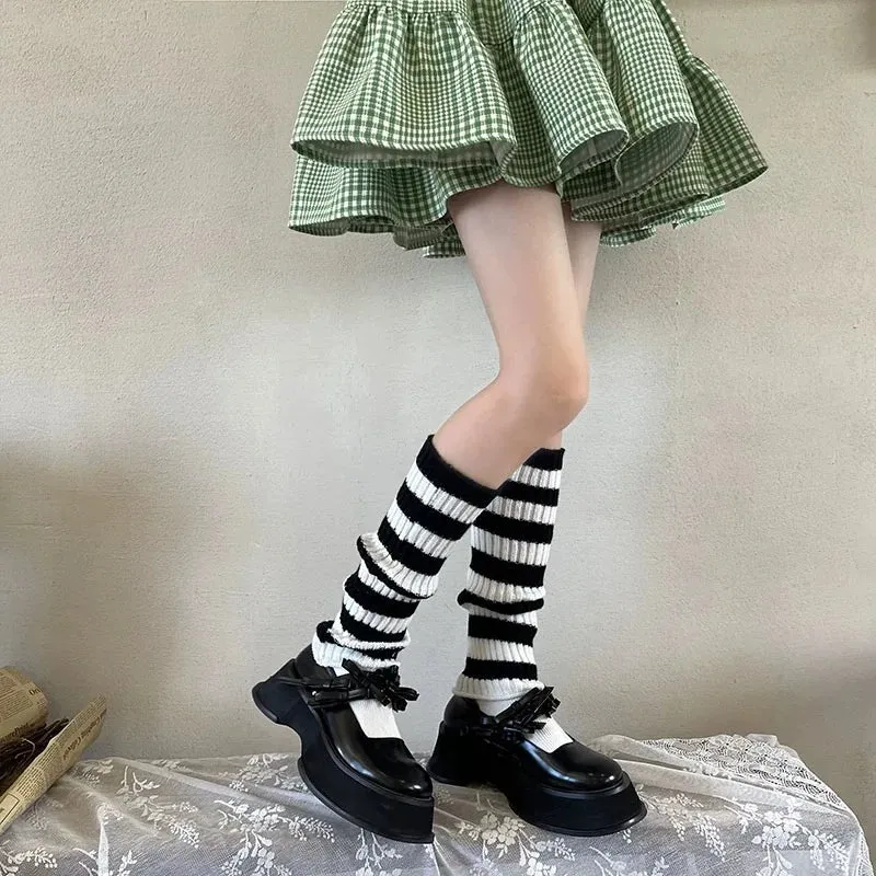 Sohiwoo Japanese Striped Knit Leg warmers Girl Leg Socks Harajuku Y2k Winter Boot Cuffs Legs Socks Leg Cover Calf knitted socks