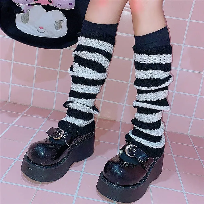 Sohiwoo Japanese Striped Knit Leg warmers Girl Leg Socks Harajuku Y2k Winter Boot Cuffs Legs Socks Leg Cover Calf knitted socks