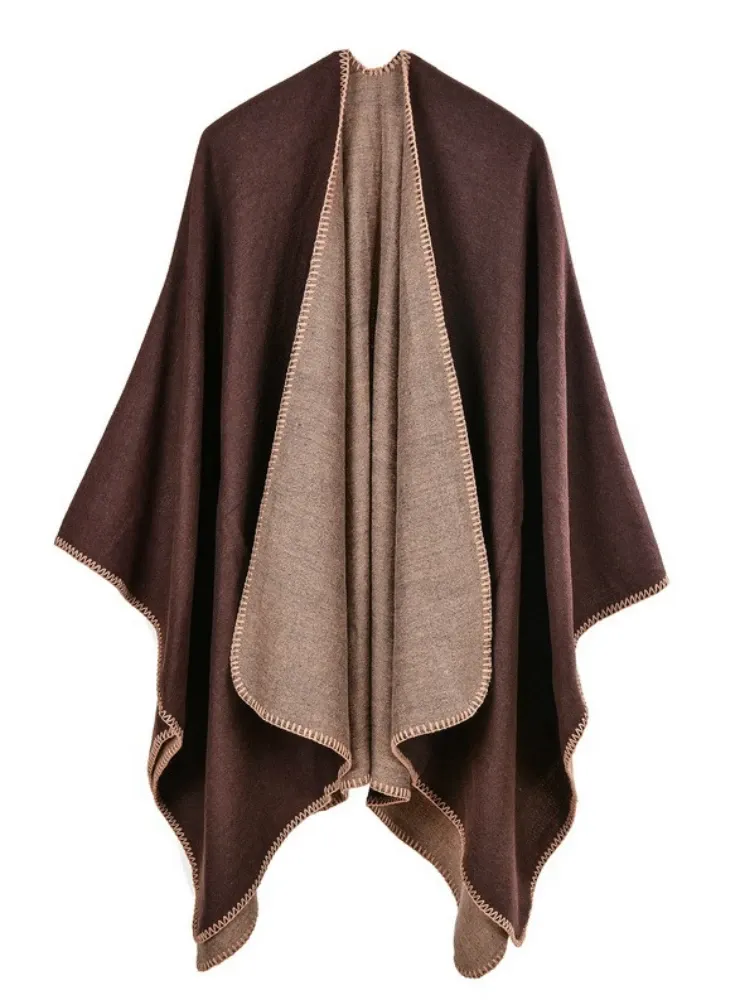 SOLID COLOR CASHMERE LIKE CAPE WITH LARGE SPLIT SHAWL