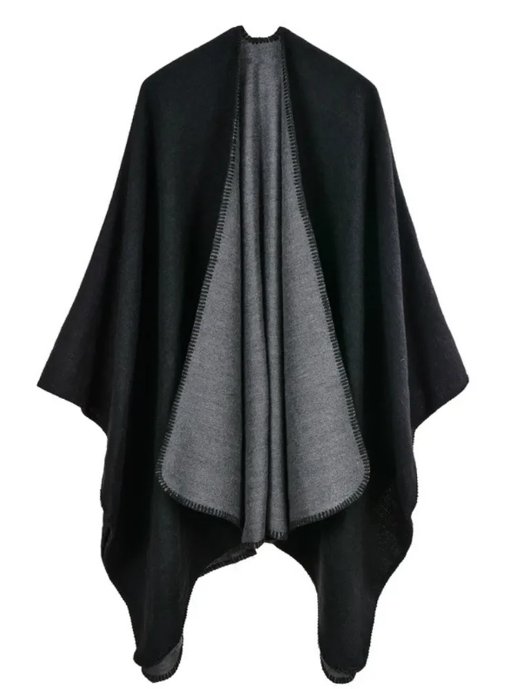 SOLID COLOR CASHMERE LIKE CAPE WITH LARGE SPLIT SHAWL