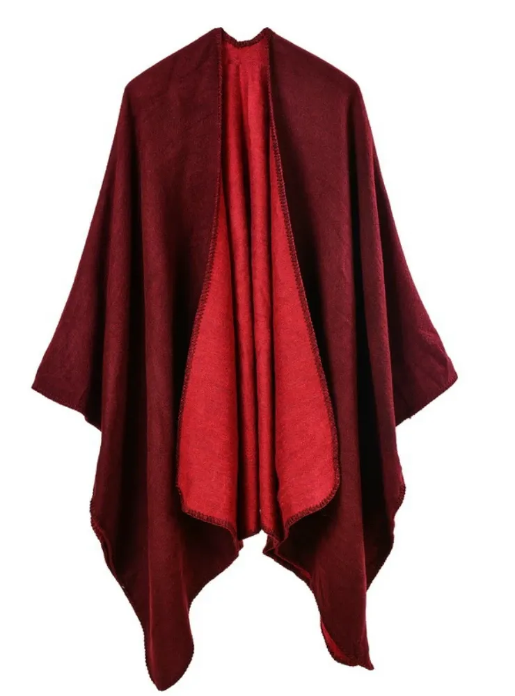 SOLID COLOR CASHMERE LIKE CAPE WITH LARGE SPLIT SHAWL