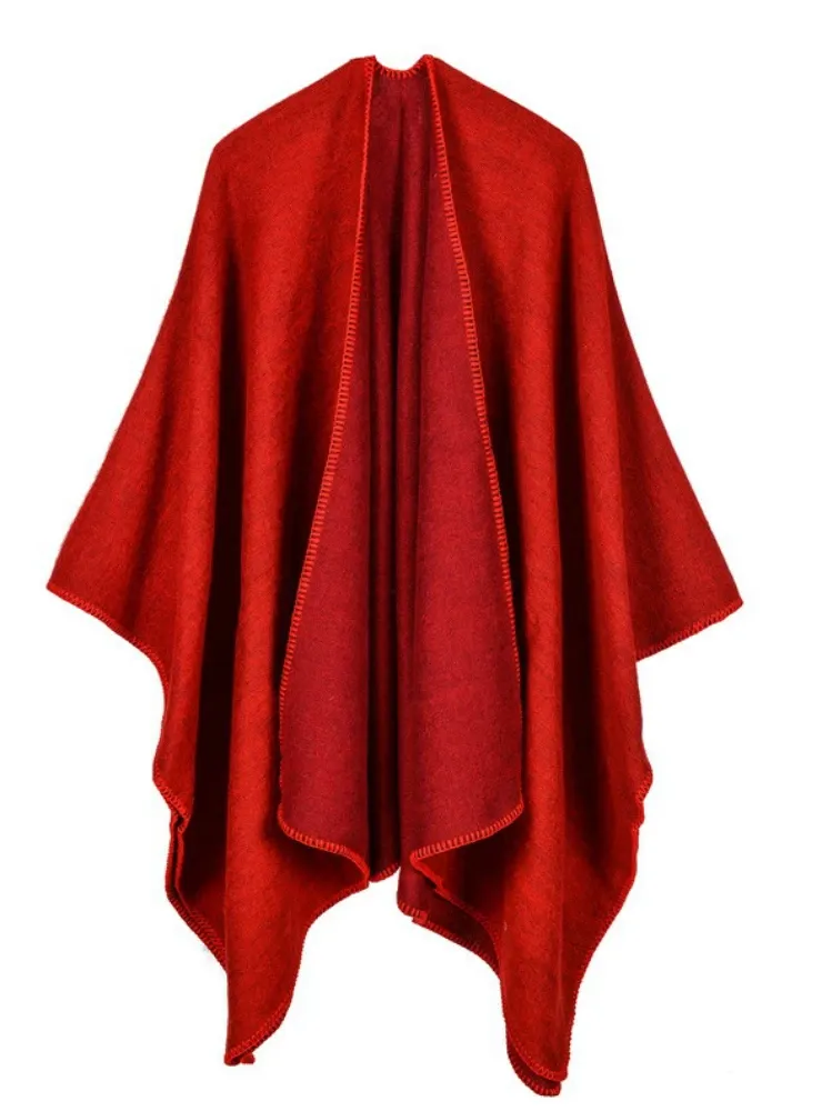 SOLID COLOR CASHMERE LIKE CAPE WITH LARGE SPLIT SHAWL