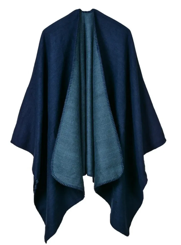 SOLID COLOR CASHMERE LIKE CAPE WITH LARGE SPLIT SHAWL