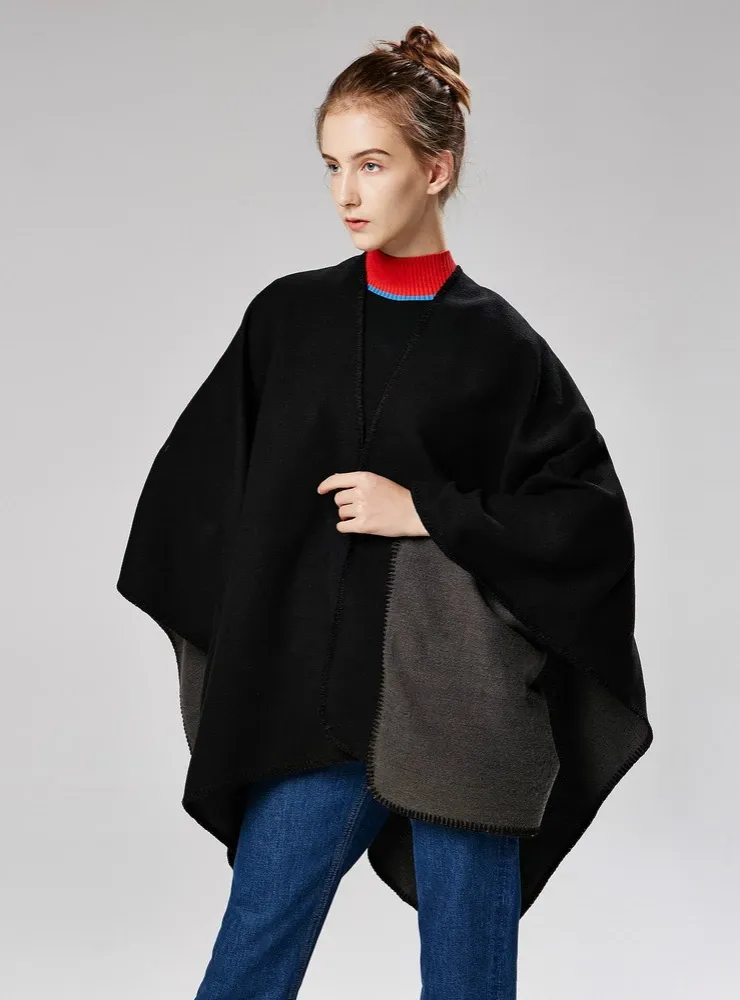 SOLID COLOR CASHMERE LIKE CAPE WITH LARGE SPLIT SHAWL