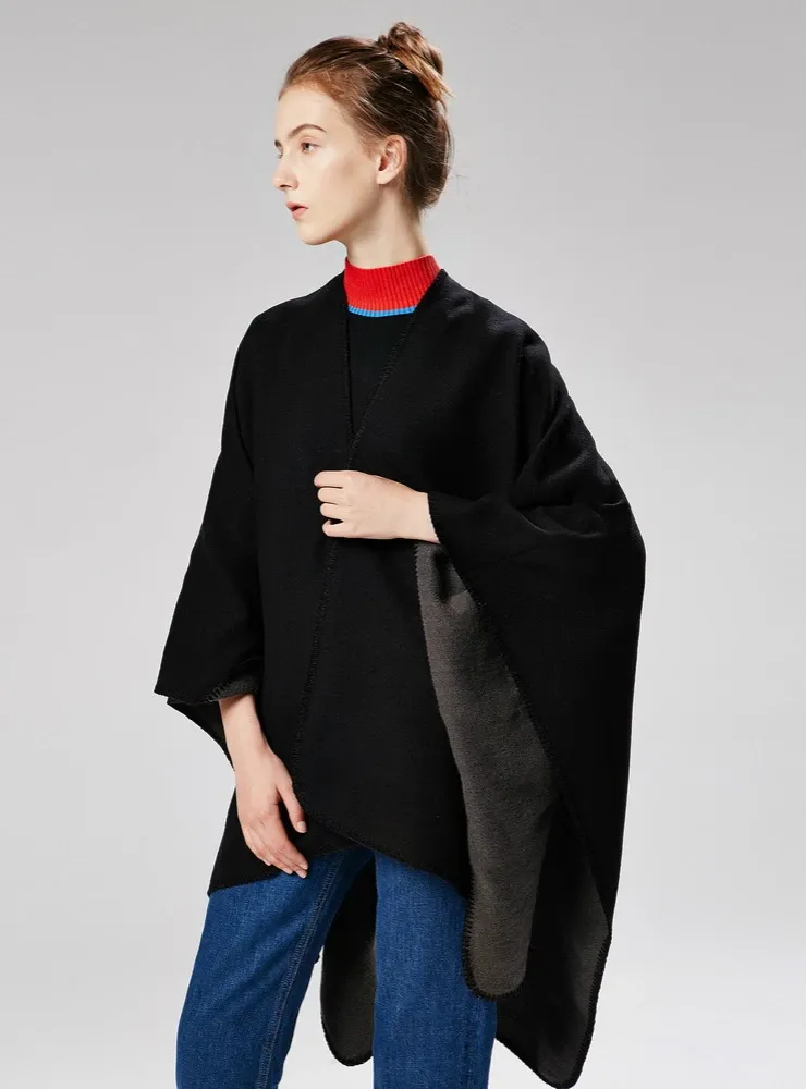 SOLID COLOR CASHMERE LIKE CAPE WITH LARGE SPLIT SHAWL