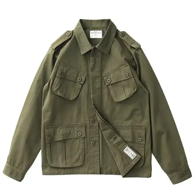 Solid Color Retro Multi-Pocket Cargo Jacket