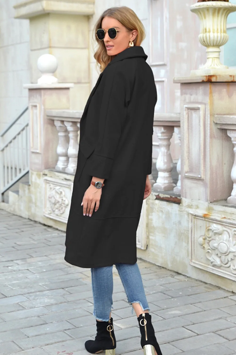 Solid Color Turn-Down Collar Long Woolen Coat