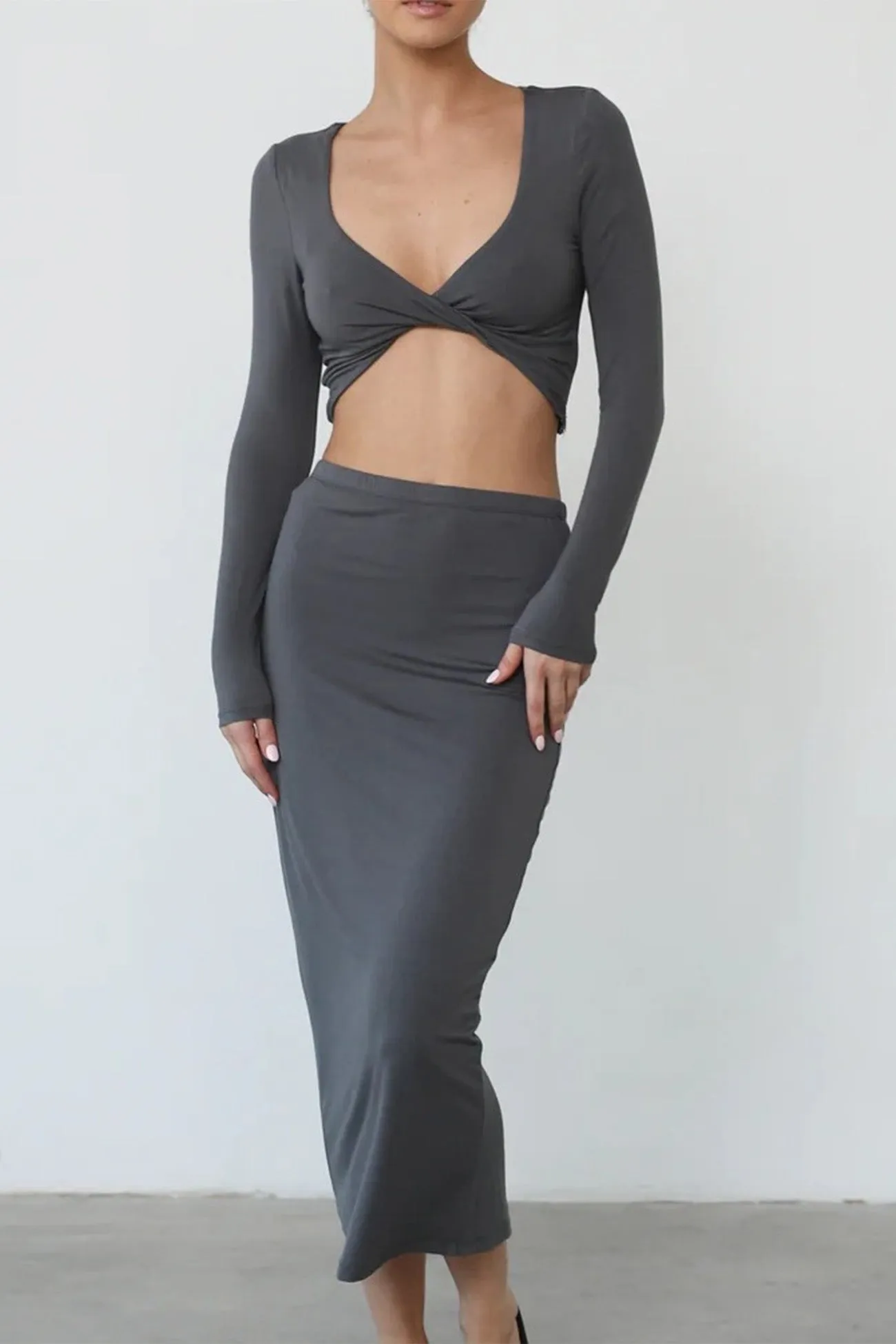 Solid Long Sleeve Twisted-Front Skirt Set