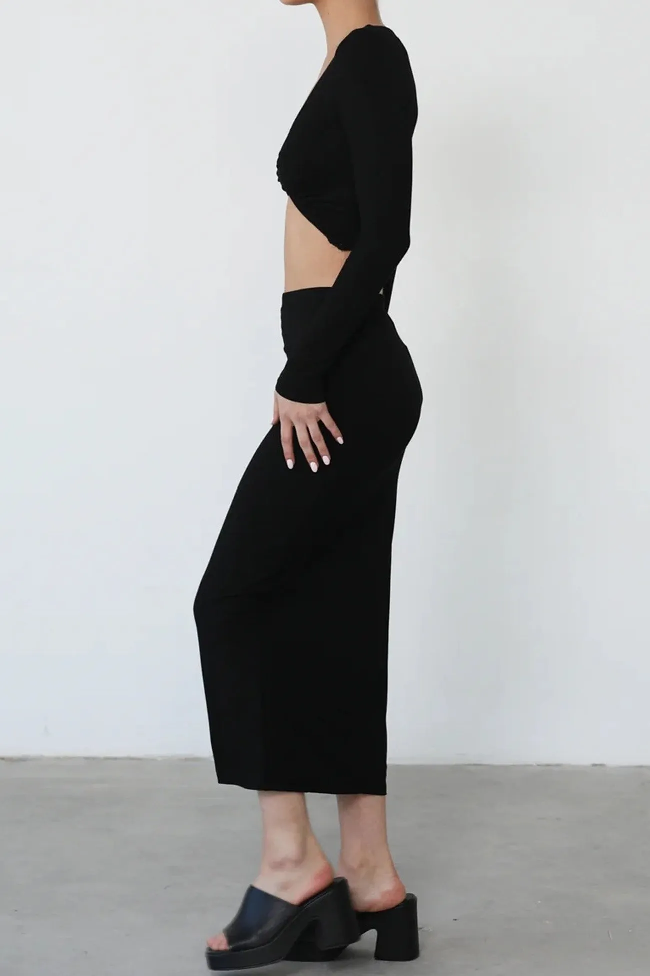 Solid Long Sleeve Twisted-Front Skirt Set