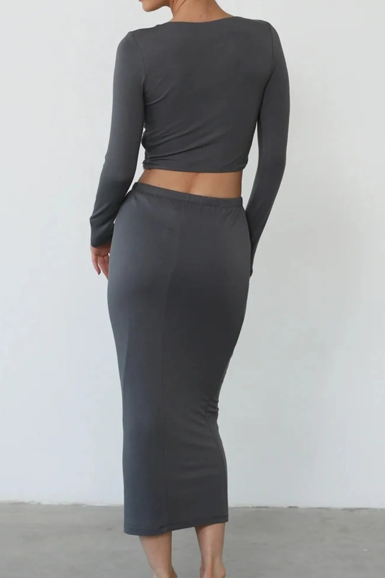 Solid Long Sleeve Twisted-Front Skirt Set