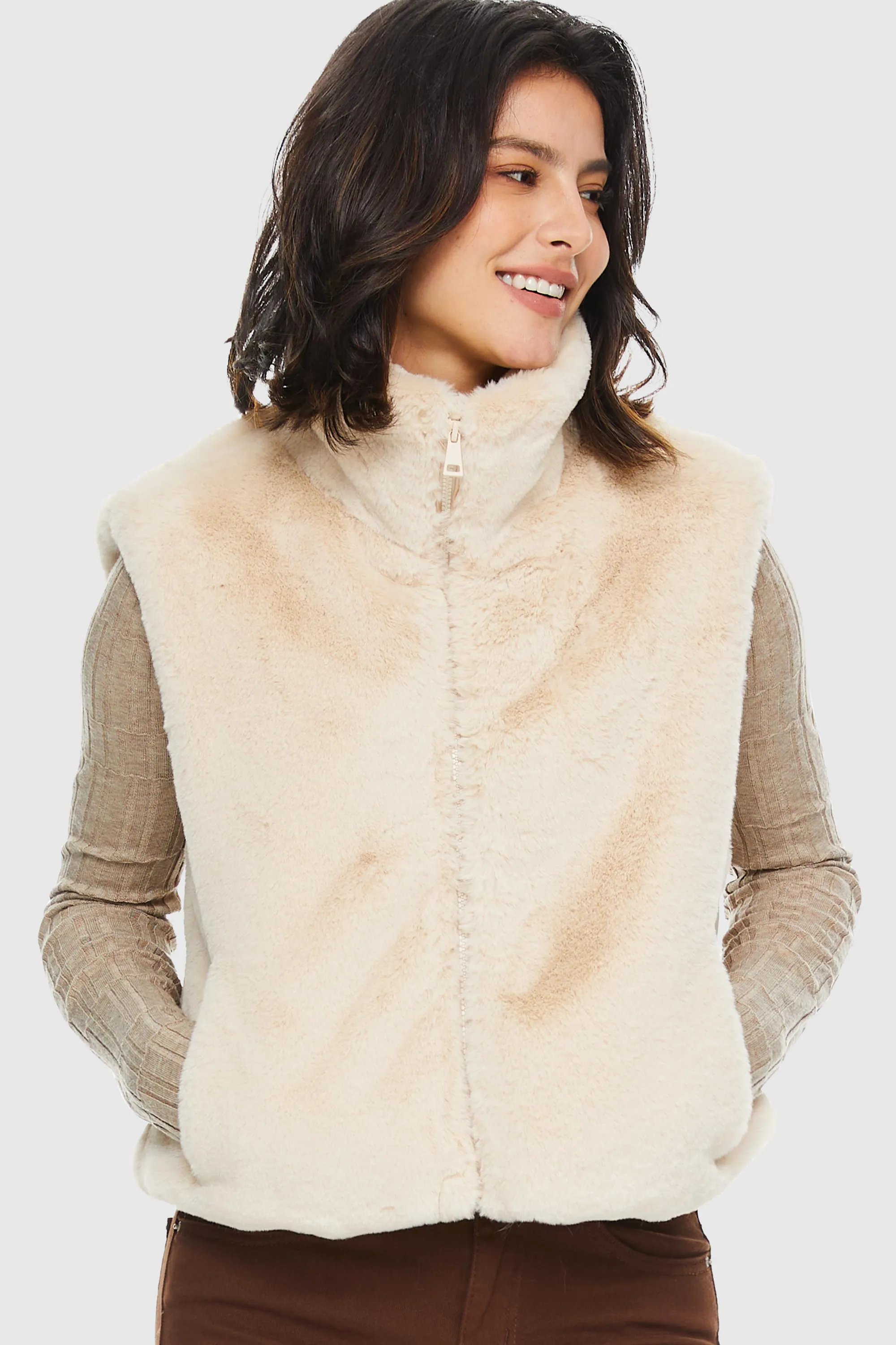 Solid Zip Up Faux Fur Vest Coat