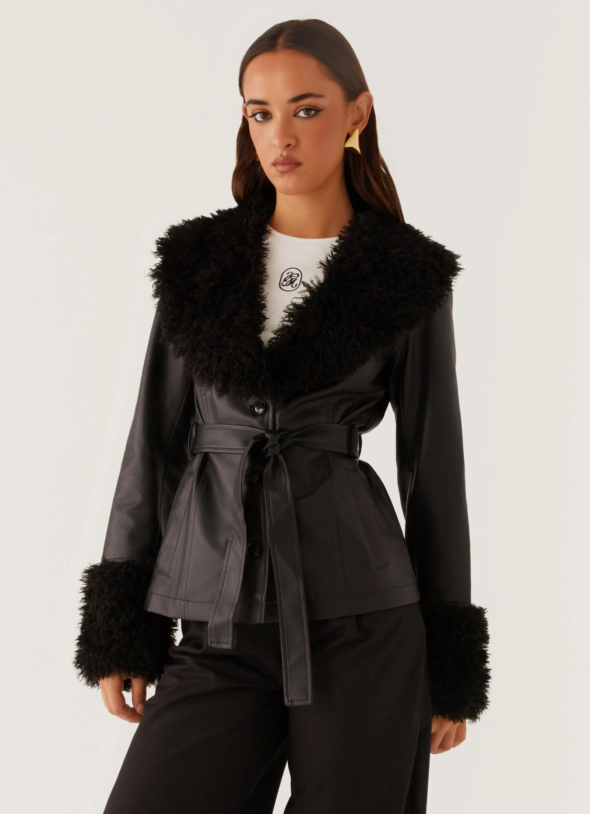 Street Lights Fur Trim Jacket - Black