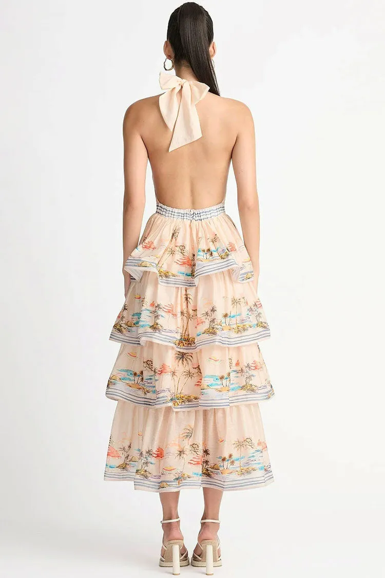 Swingy Halter V Neck Beach Vacation Printed Ruffle Tiered Midi Sundress - Cream