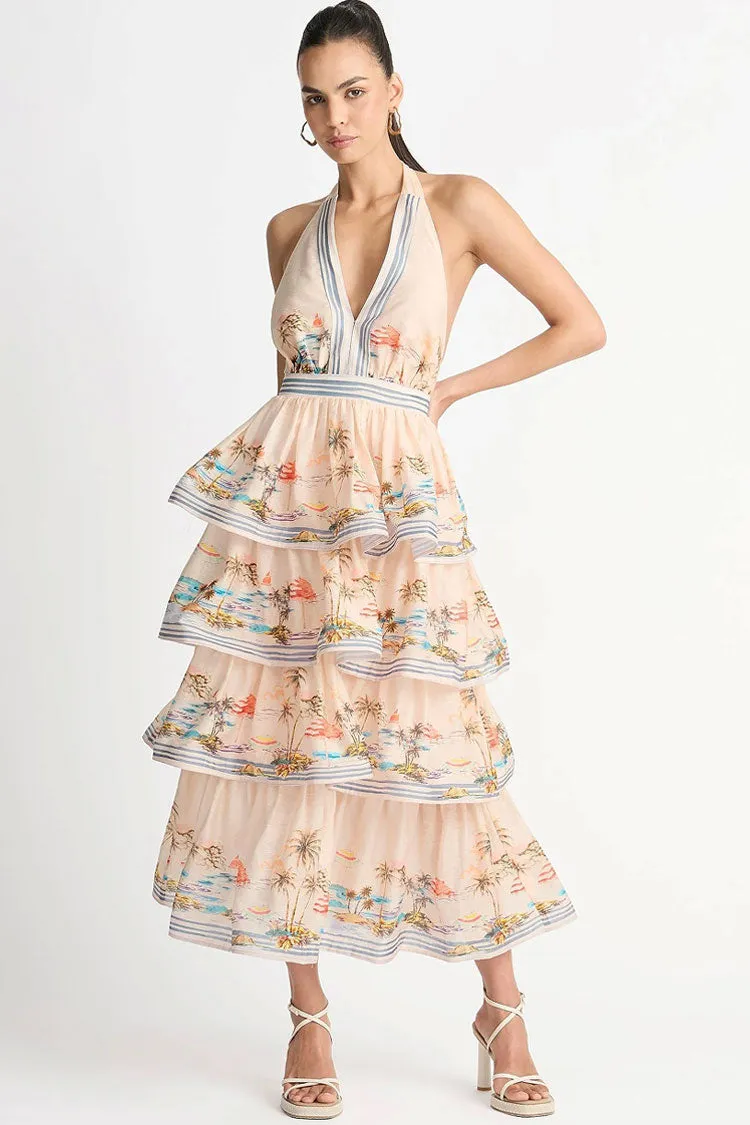 Swingy Halter V Neck Beach Vacation Printed Ruffle Tiered Midi Sundress - Cream