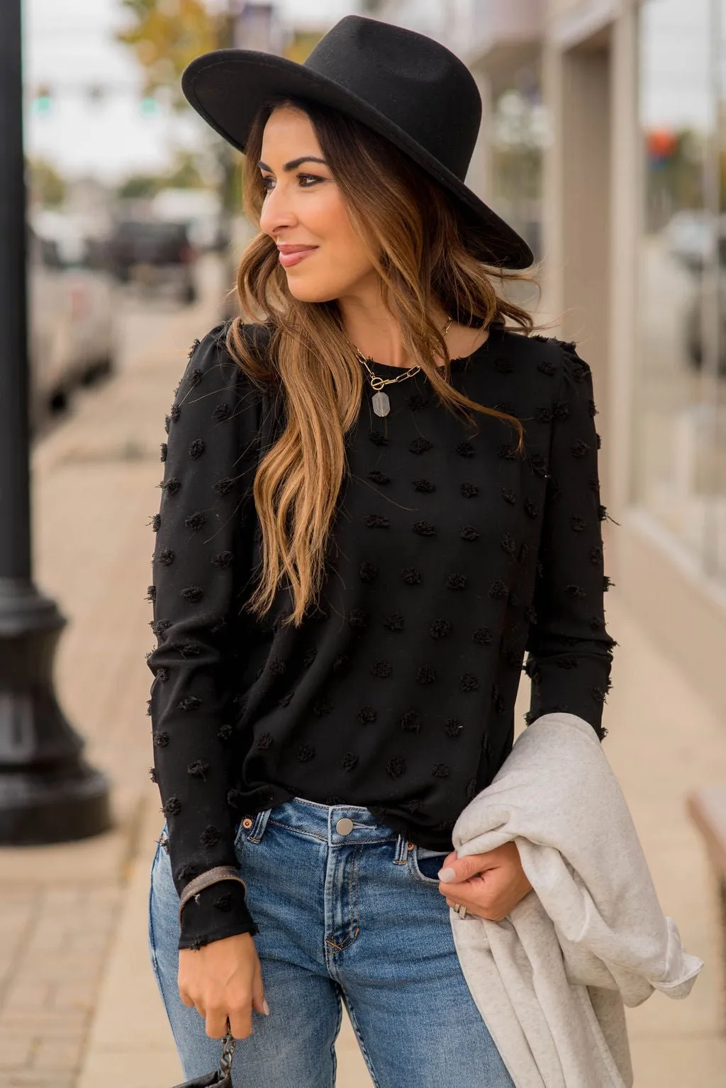 Textured Dot Long Sleeve Blouse