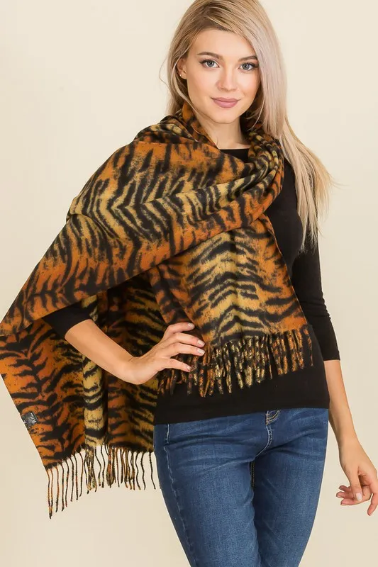 Tiger Print Fringed Scarf - Black & Orange