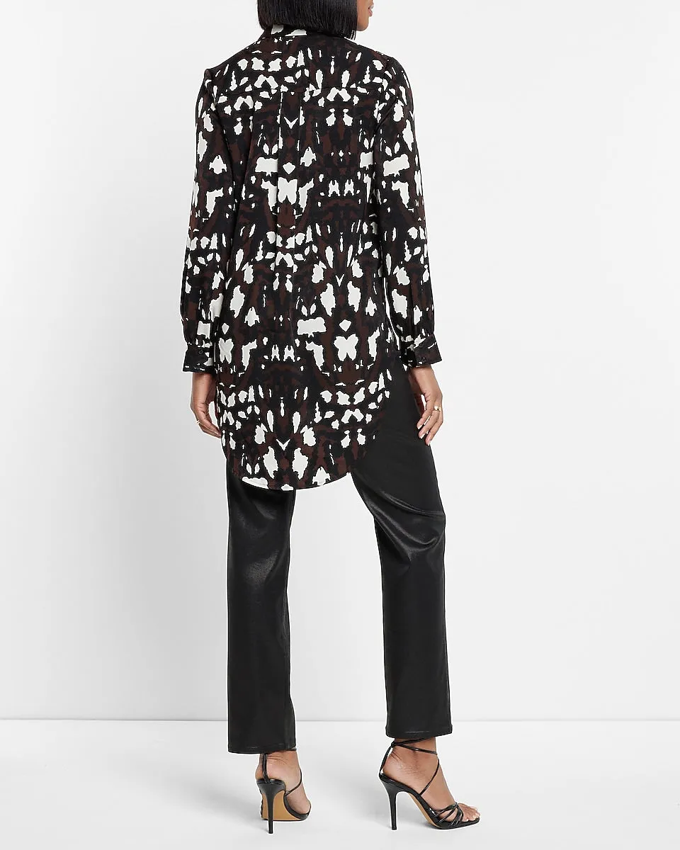 Tunic Pleated Shoulder Animal Print Button Up Shirt in Print