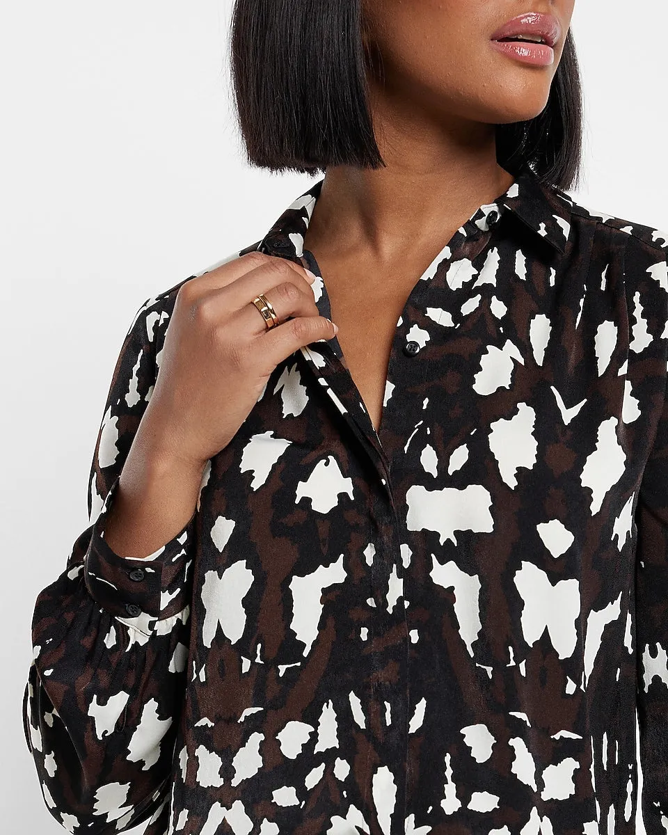 Tunic Pleated Shoulder Animal Print Button Up Shirt in Print