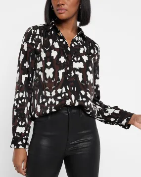 Tunic Pleated Shoulder Animal Print Button Up Shirt in Print