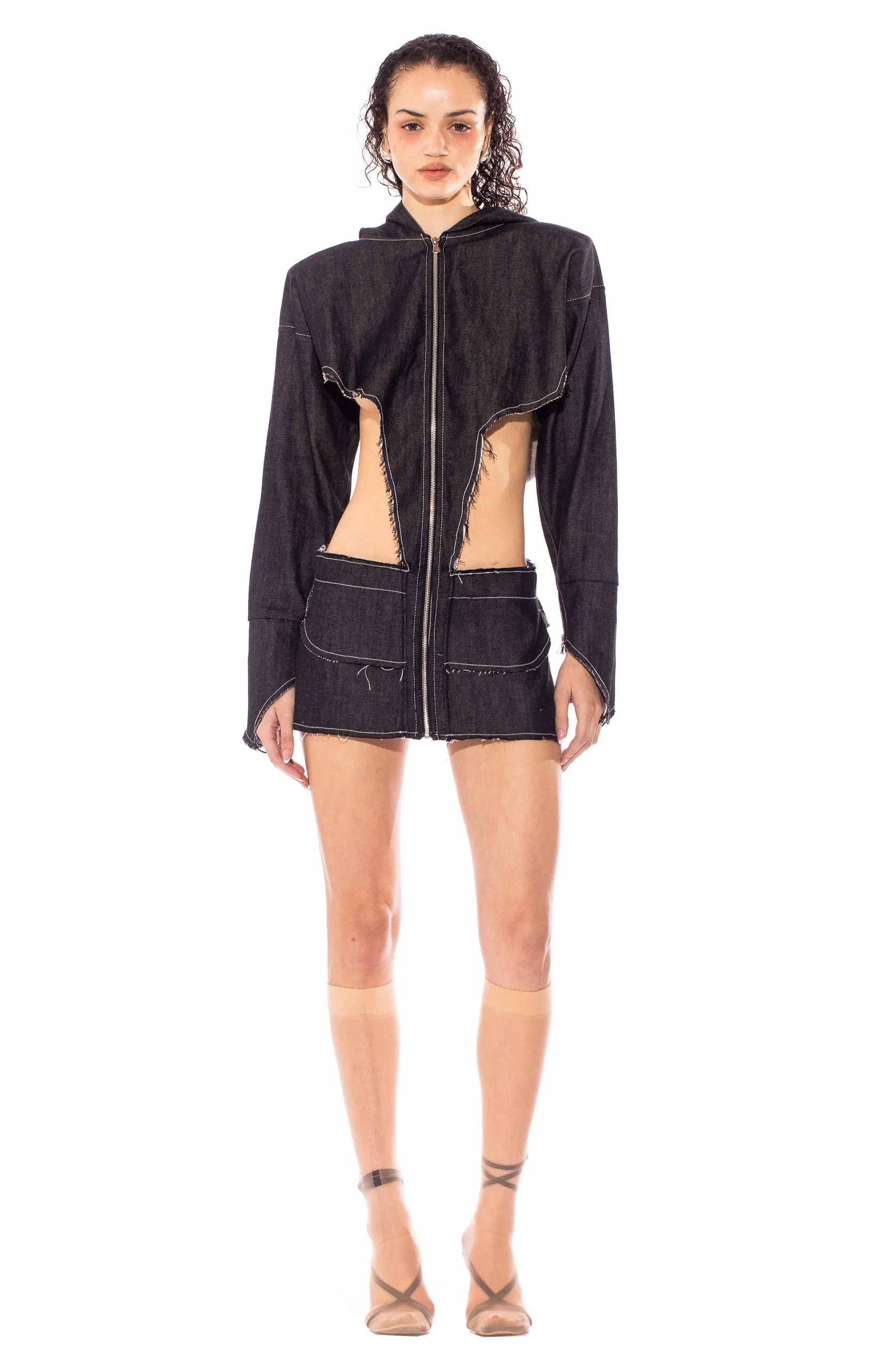 V CUT HOODIE DRESS IN BLACK RAW DENIM