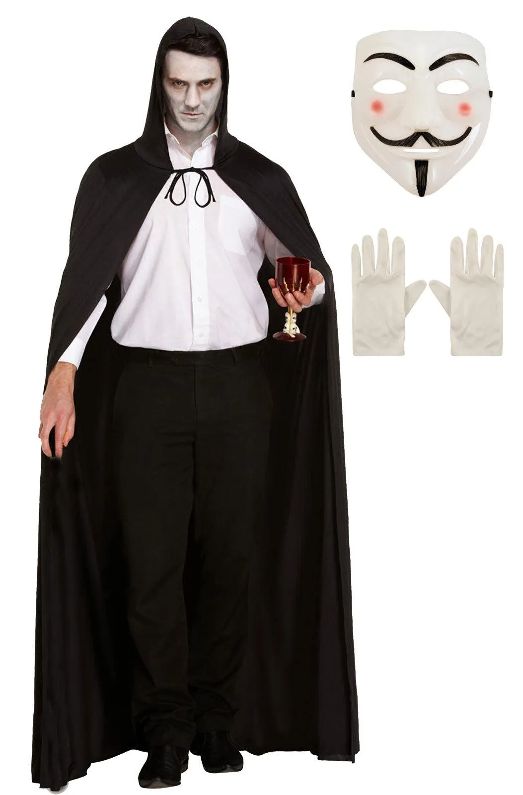 V for Vendetta Halloween Costume Set: Face Mask, Long Black Hooded Cape, and White Short Cotton Gloves