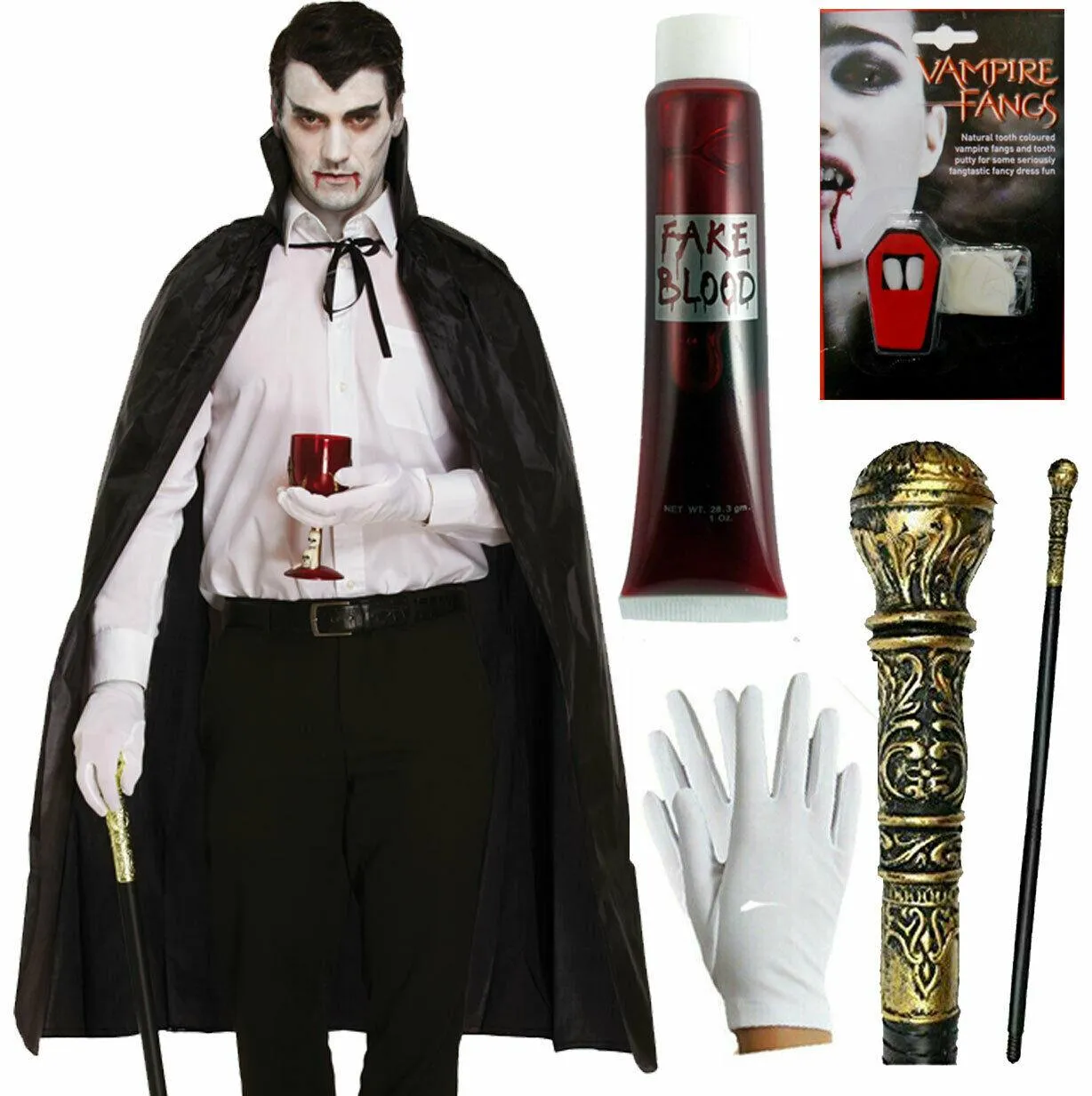 Vampire Fangs Cape Fake Blood Cane Stick Gloves Halloween Party Costume Set