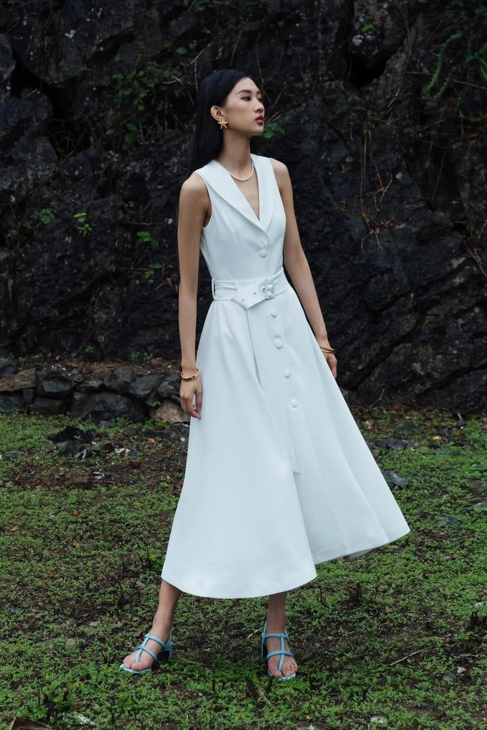 Vene A-line Collared Neck Twill Midi Dress