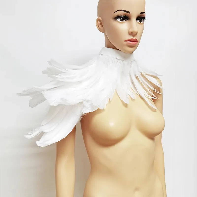 Victorian Cosplay Goth Feather One Shoulder Shrug Shawl - White