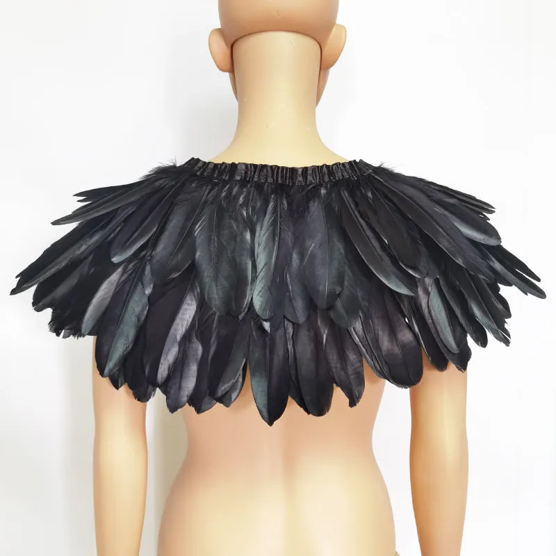 Victorian Cosplay Goth Feather Shrug Cape Shawl - Black