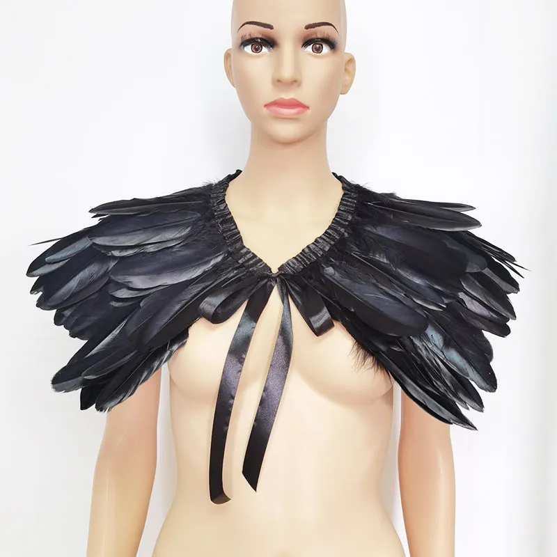 Victorian Cosplay Goth Feather Shrug Cape Shawl - Black