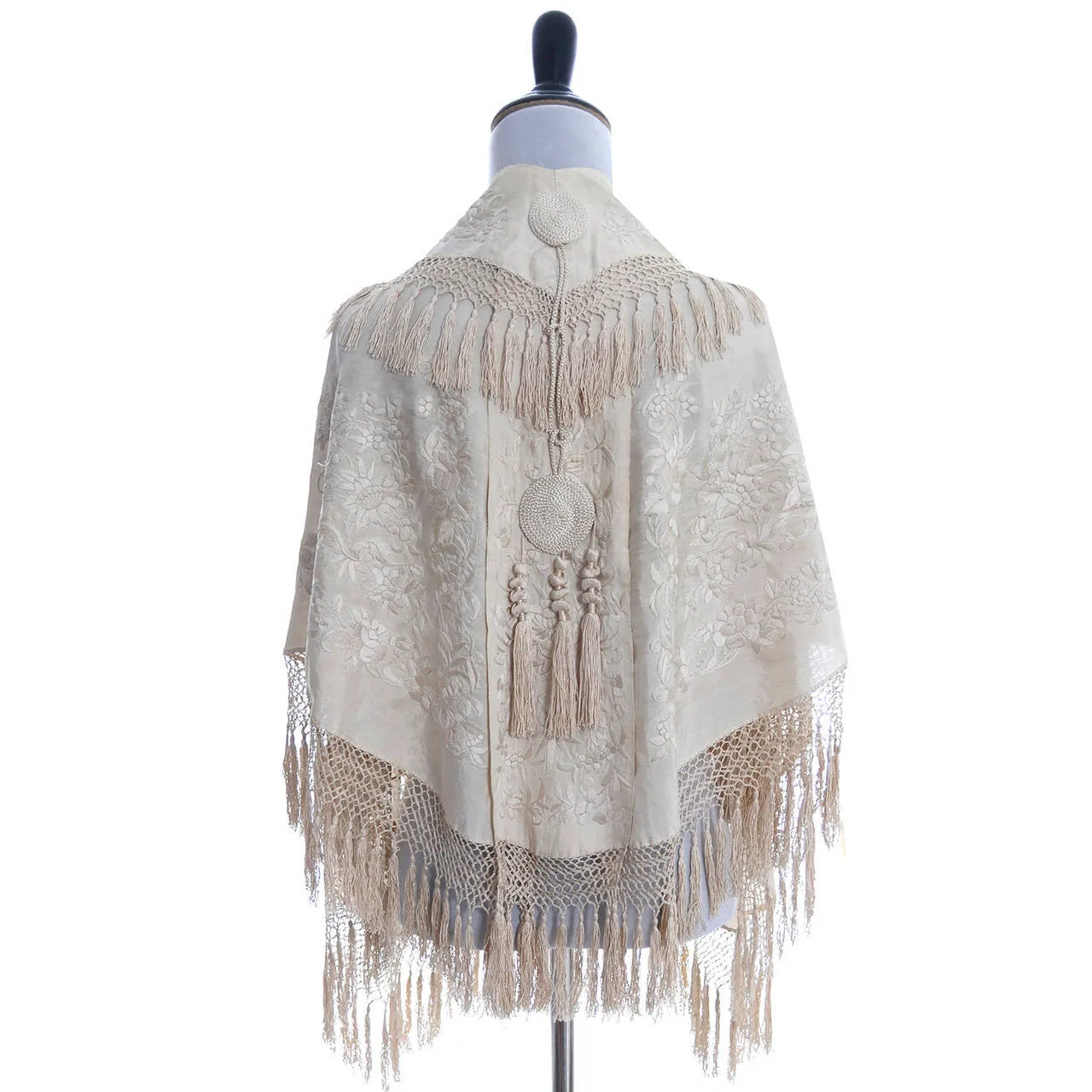 Vintage Edwardian Ivory Silk Shawl with Fringe