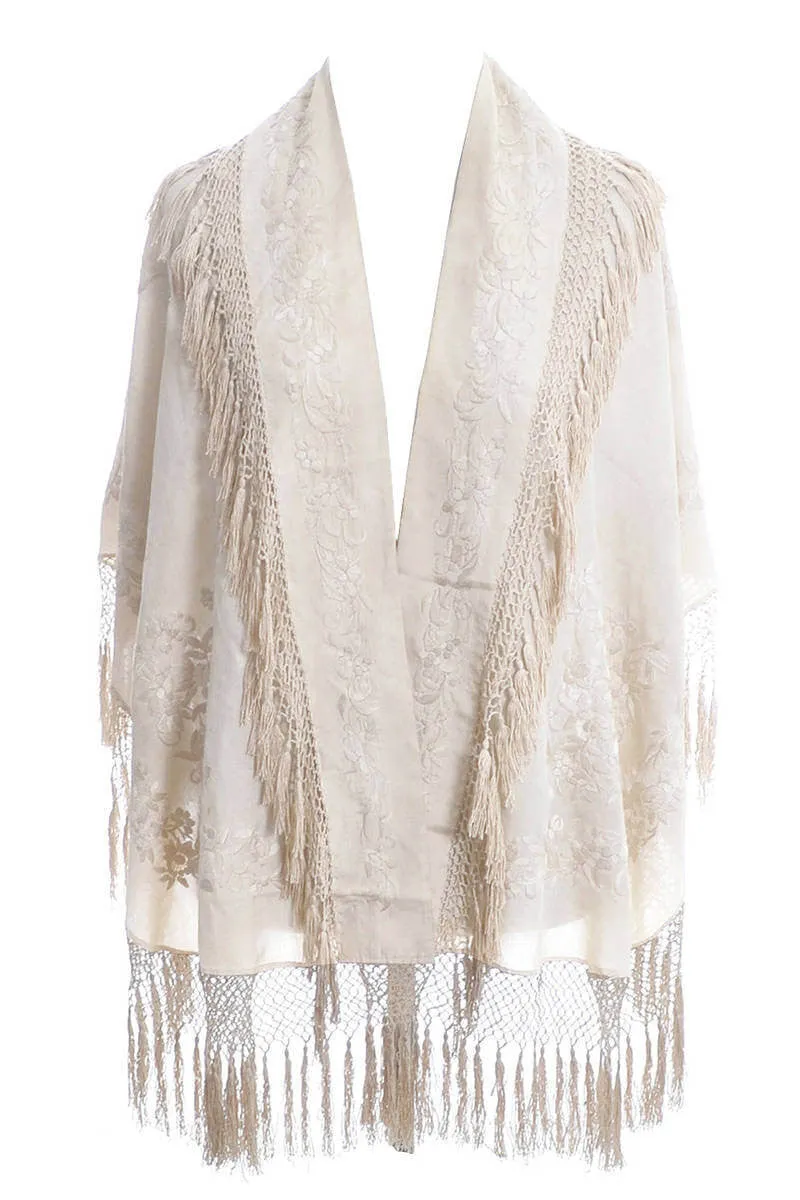 Vintage Edwardian Ivory Silk Shawl with Fringe