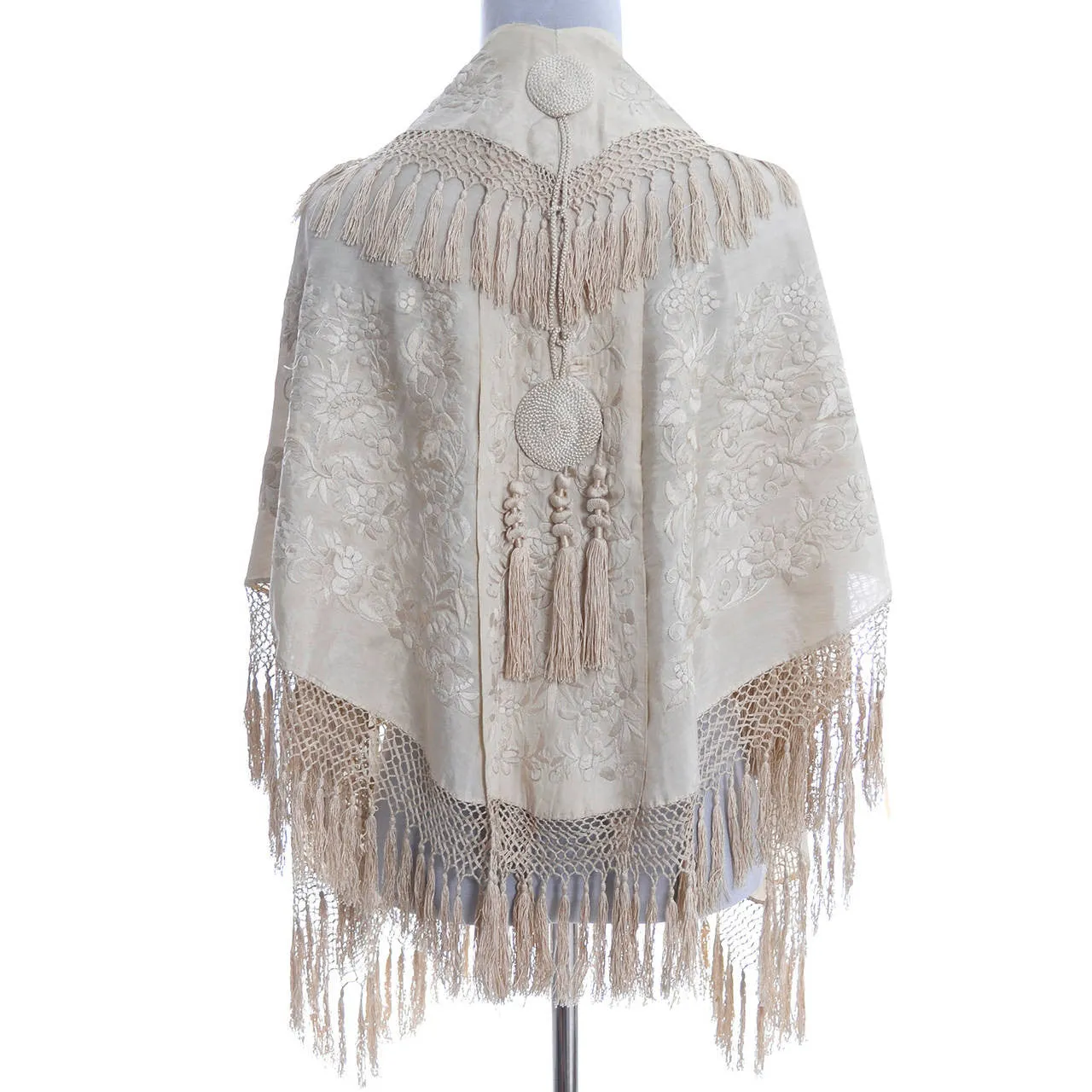 Vintage Edwardian Ivory Silk Shawl with Fringe