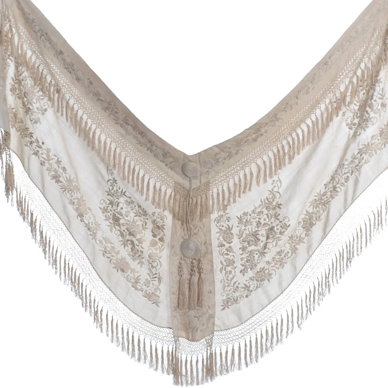 Vintage Edwardian Ivory Silk Shawl with Fringe