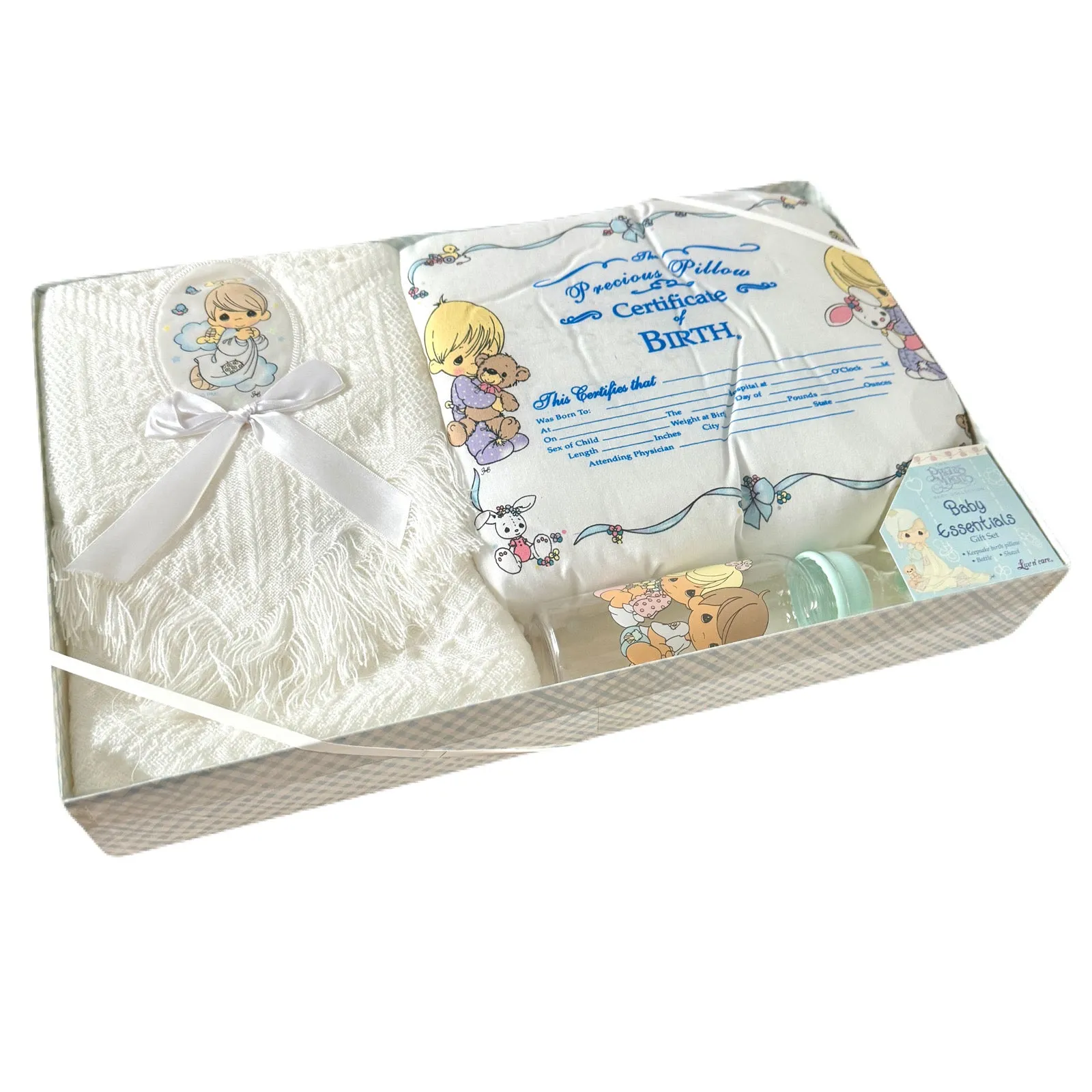 Vintage New Precious Moments Boxes Gift Set White Unisex Baby Blanket with Angel 3-Piece - Shawl, Birth Keepsake Pillow, Baby Bottle - 2002 by Luv n'Care