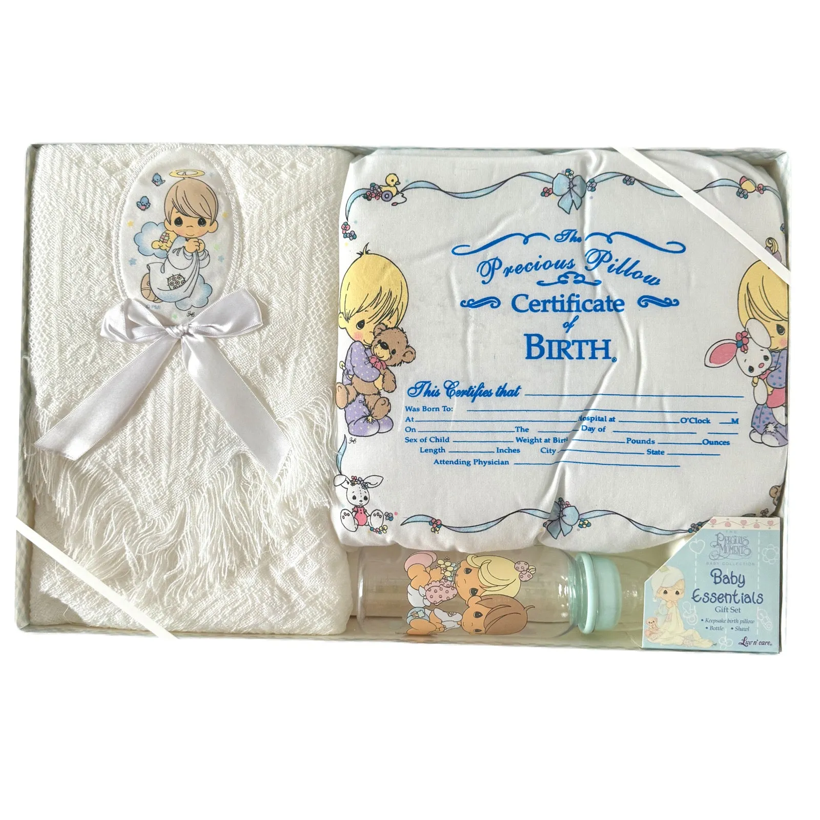 Vintage New Precious Moments Boxes Gift Set White Unisex Baby Blanket with Angel 3-Piece - Shawl, Birth Keepsake Pillow, Baby Bottle - 2002 by Luv n'Care