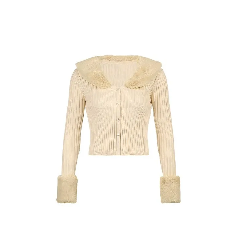 Woman Cardigan Sweaters With Fur Trim Collar Women Cropped Sweater