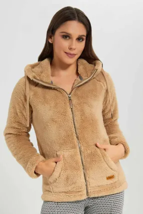 Women Brown Polar Fleece Hooded Sweatshirt