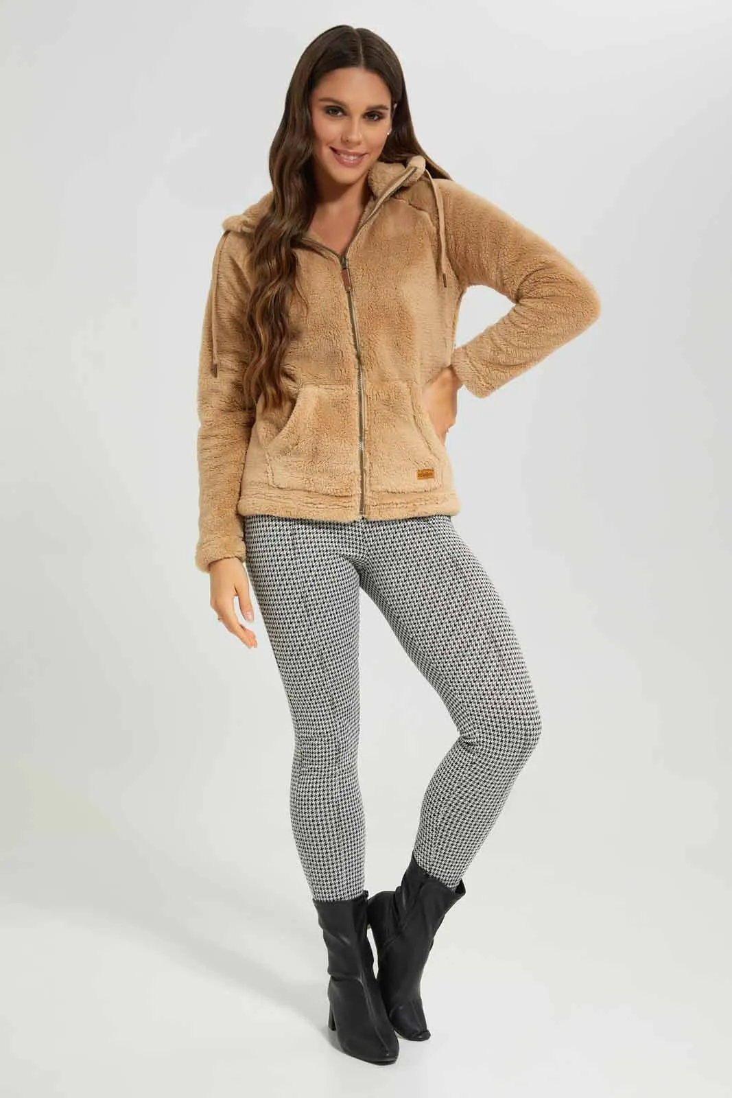 Women Brown Polar Fleece Hooded Sweatshirt