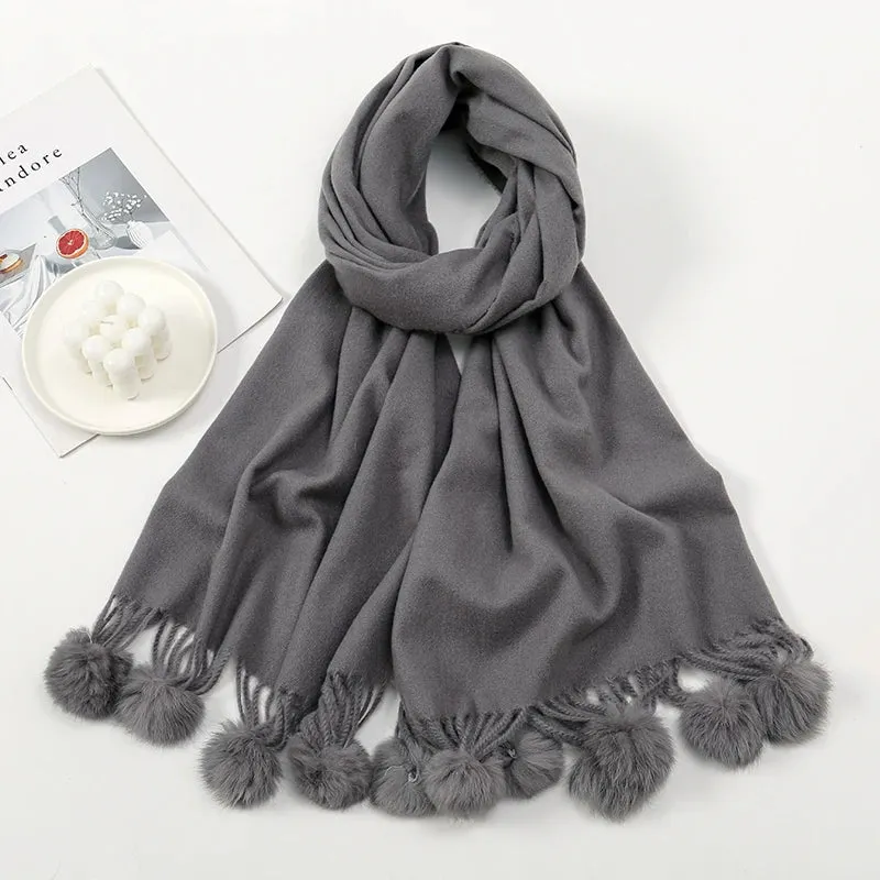 Women Warm Rabbit Fur Ball Thick Cashmere Pompom Oversize Blanket Scarf