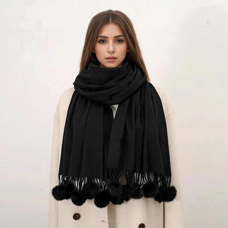 Women Warm Rabbit Fur Ball Thick Cashmere Pompom Oversize Blanket Scarf