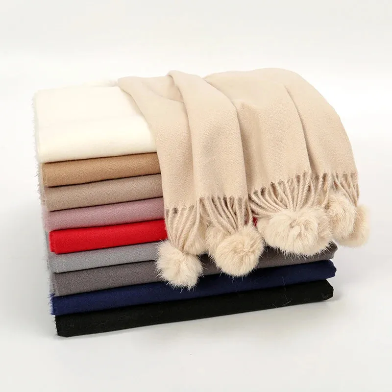 Women Warm Rabbit Fur Ball Thick Cashmere Pompom Oversize Blanket Scarf